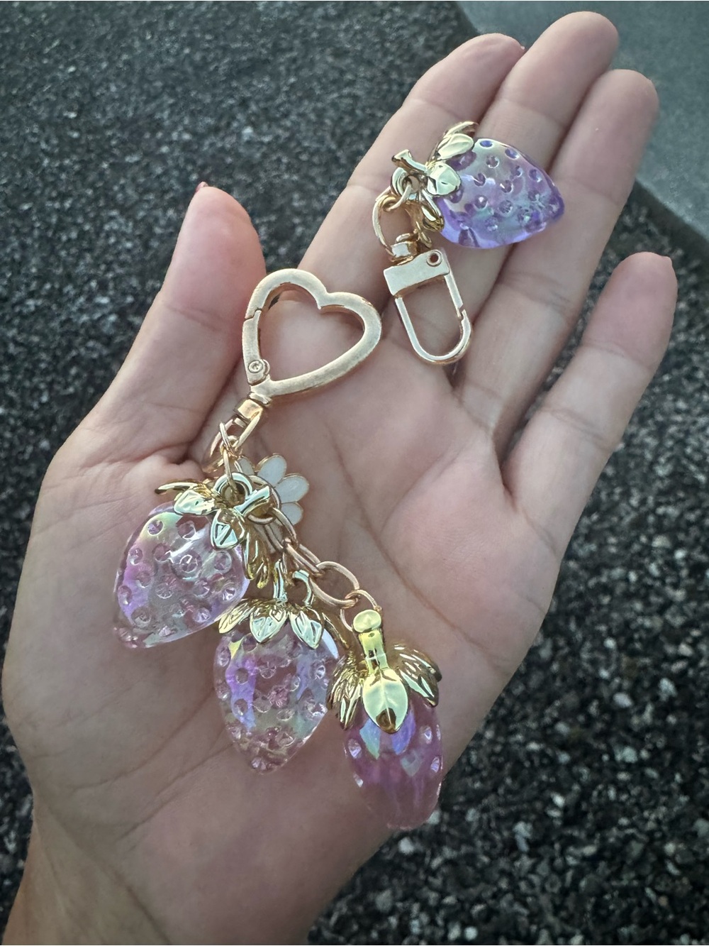 2-Piece Iridescent Strawberry Bag Charm Keychain Set Pink Gold - Picture 5 of 6
